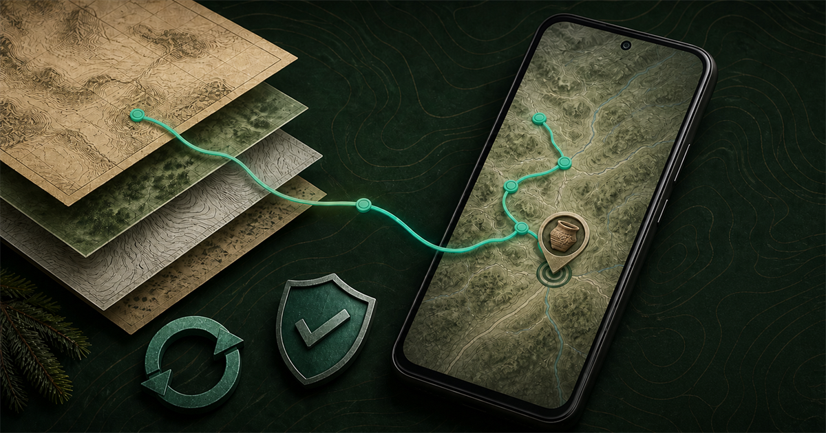 Смартфон с картой и KML-маршрутом рядом со слоями бумажных карт, символами защиты и обновления