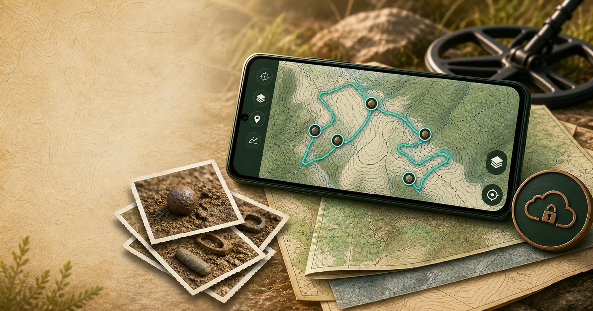 A smartphone showing a recorded track and finding markers beside photos, paper maps, and a secure cloud backup symbol