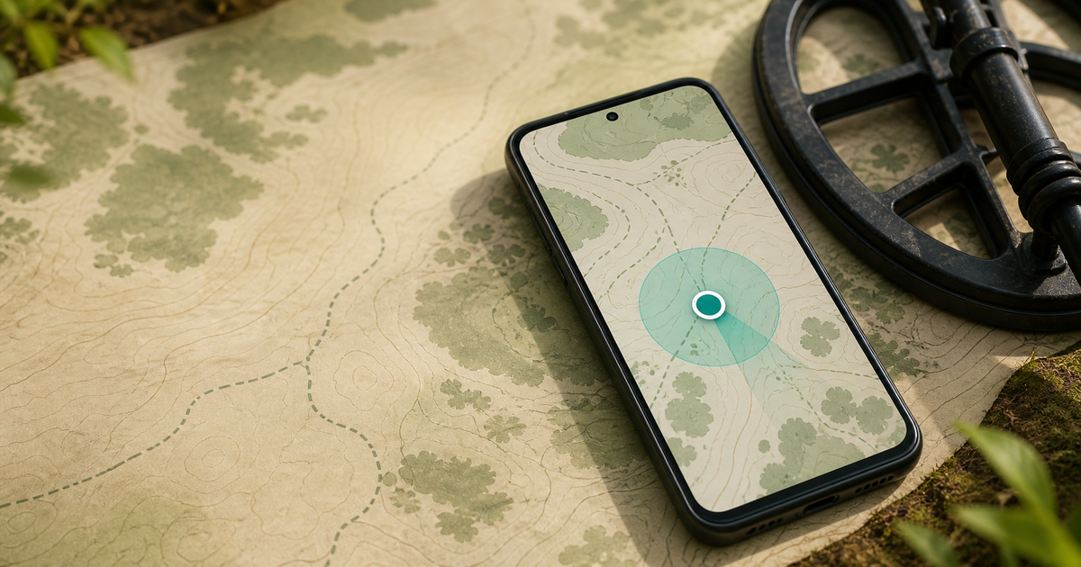 A smartphone showing a stable location marker on a map beside a metal detector coil
