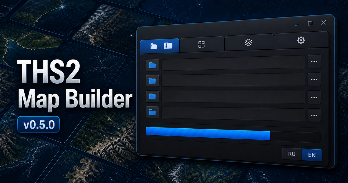 Dark THS2 Map Builder 0.5.0 window over satellite tiles, with folder and ZIP icons